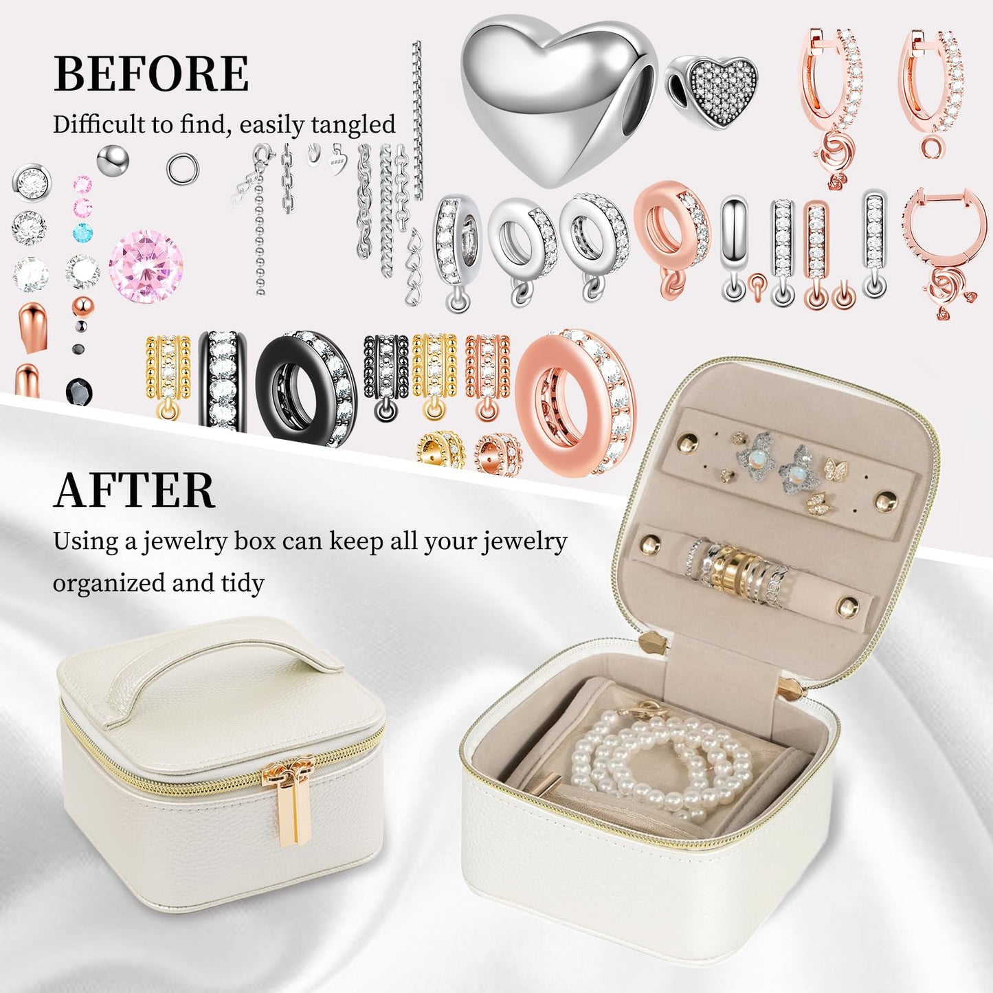 BcePce PU Leather Travel Jewelry Organizer Case with 4 Pouches & Handle, Anti-Tangle Storage Box for Necklace, Earrings, Rings, Compact Jewelry Box for Women Gift (Beige)