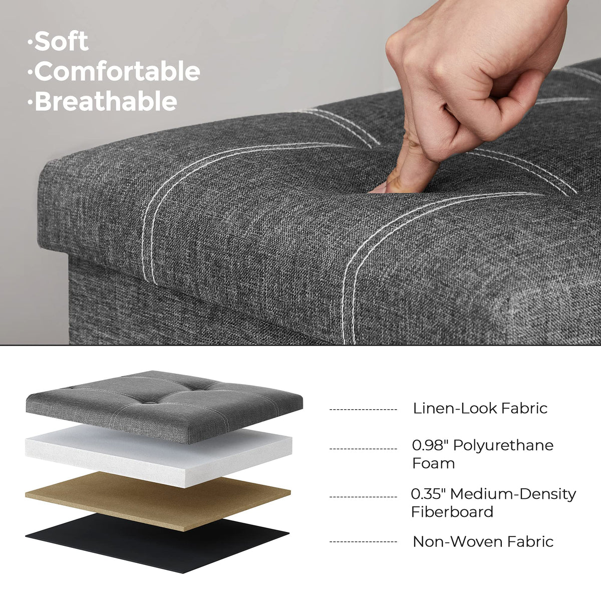 SONGMICS Mazie Collection - 30 Inches Ottoman Storage Bench, 21 Gal. Folding Chest with Breathable Linen-Look Fabric, Load up to 660 lb, for Entryway, Living Room, Bedroom, Dark Gray ULSF001G01