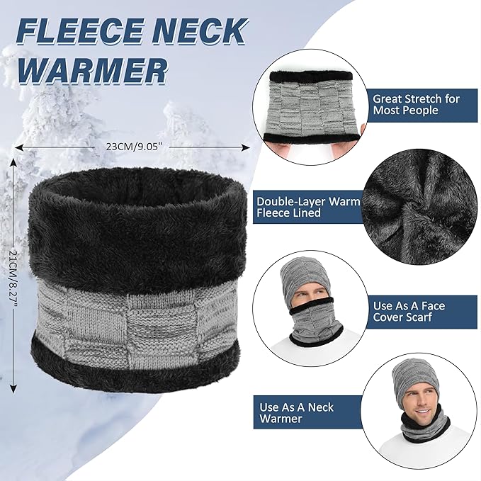 Mens Winter Beanie Hats Scarf Set Warm Knit Skull Cap Neck Warmer with Fleece Lined Winter Hat for Women