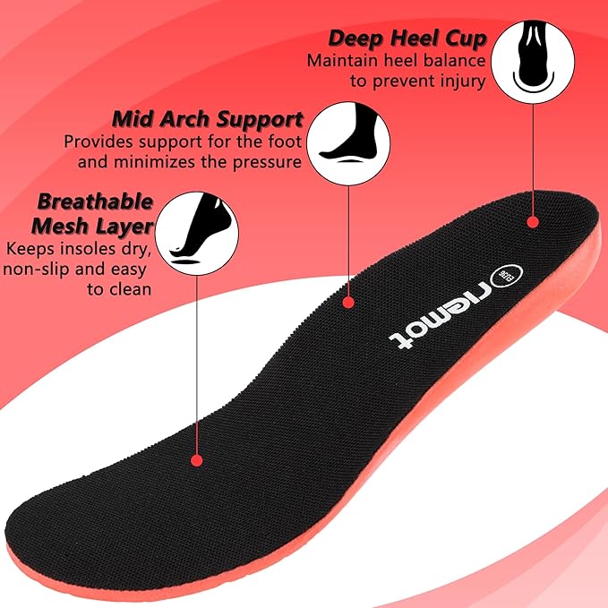 riemot Fitness Running Insoles for Women Comfortable Arch Support Inserts Plantar Fasciitis Relief Insole Cushioning Athletic Gel Insert for Sneakers,Hiking Shoes Black US9/ EU40