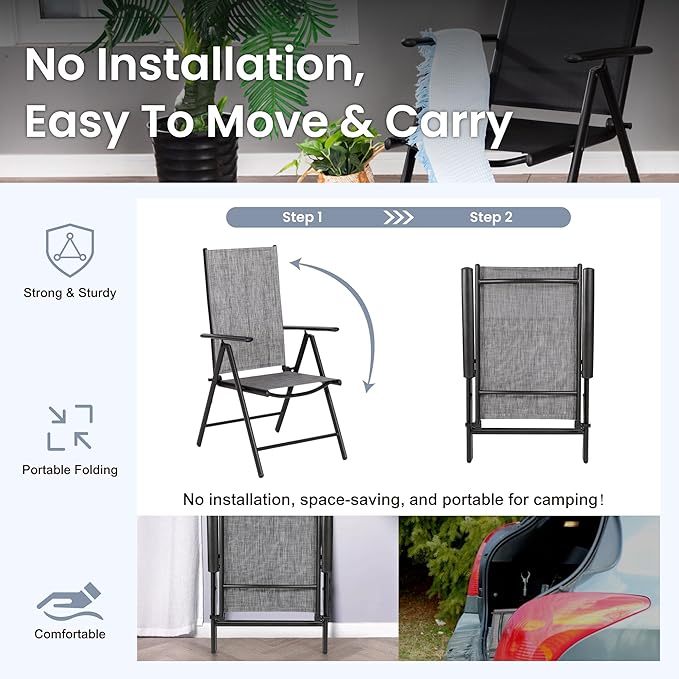 PHI VILLA Outdoor Patio Folding Chairs Set of 2, Portable Patio Dining Chairs with Adjustable Backrest for Outside, Garden, Lawn & Yard, No Assembly, Grey