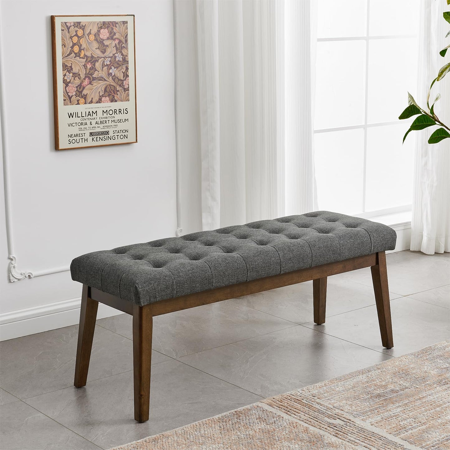 Befurtori End of Bed Bedroom Bench, Linen Upholstered Tufted Bench for Bedroom End of Bed with Solid Wood Legs for Bedroom Living Room Entryway(Dark Gray)