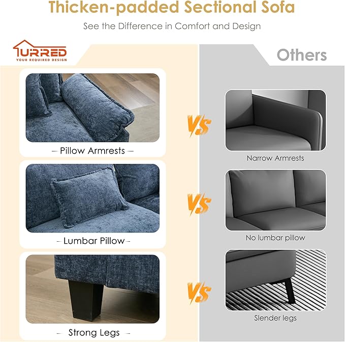 URRED Cloud Couch Modular Sectional Sofa, 122'' Modern L Shaped Deep Seat Sofa with Ottoman & Pillows, Ultra Comfy Chenille Couches for Living Room, Bedroom or Apartment, Blue