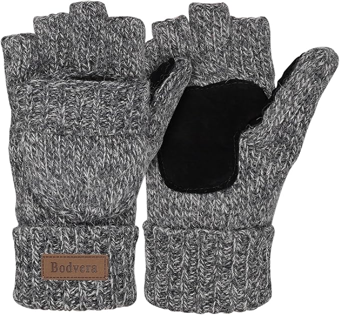 Bodvera Thermal Insulation Fingerless Texting Wool Gloves for Women and Men Winter Warm Knitted Convertible Mittens Flap
