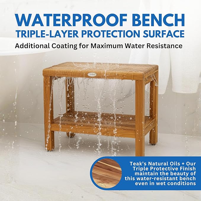 EcoDecors Eleganto 24 Inch Natural Color Waterproof Teak Wood Shower Bench Stool Seat Chair For Inside Shower Provides Safety, Storage, and Organization For Bathroom Accessories