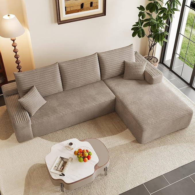 95" Cloud Sectional Couch with L-Shape Chaise, Modern Corduroy Boneless Couch for Living Room,Memory Foam Sofa with Deep Seat,No Assembly Required (Dark Camel,Right-Facing Chaise)
