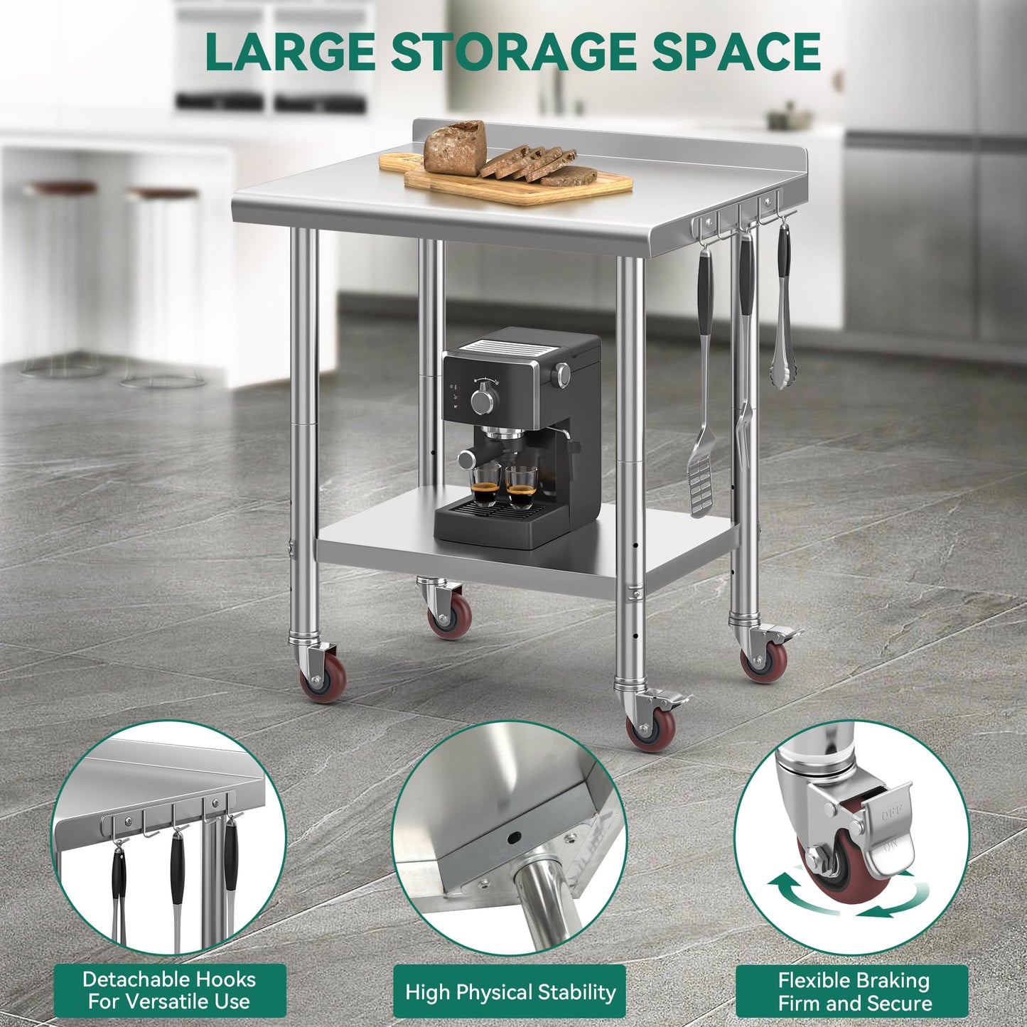 YITAHOME 30" x 24" Stainless Steel Table with Wheels for Prep & Work with Backsplash, NSF Metal Table Prep Table with Undershelf for Home Kitchen Restaurant Garage Warehouse