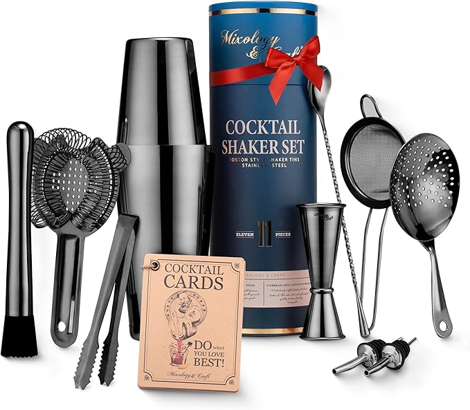 Mixology & Craft Cocktail Shaker Set: 11-Piece Weighted Boston Shaker Kit | Complete Cocktail Kit Gift Set | Top Bartender...