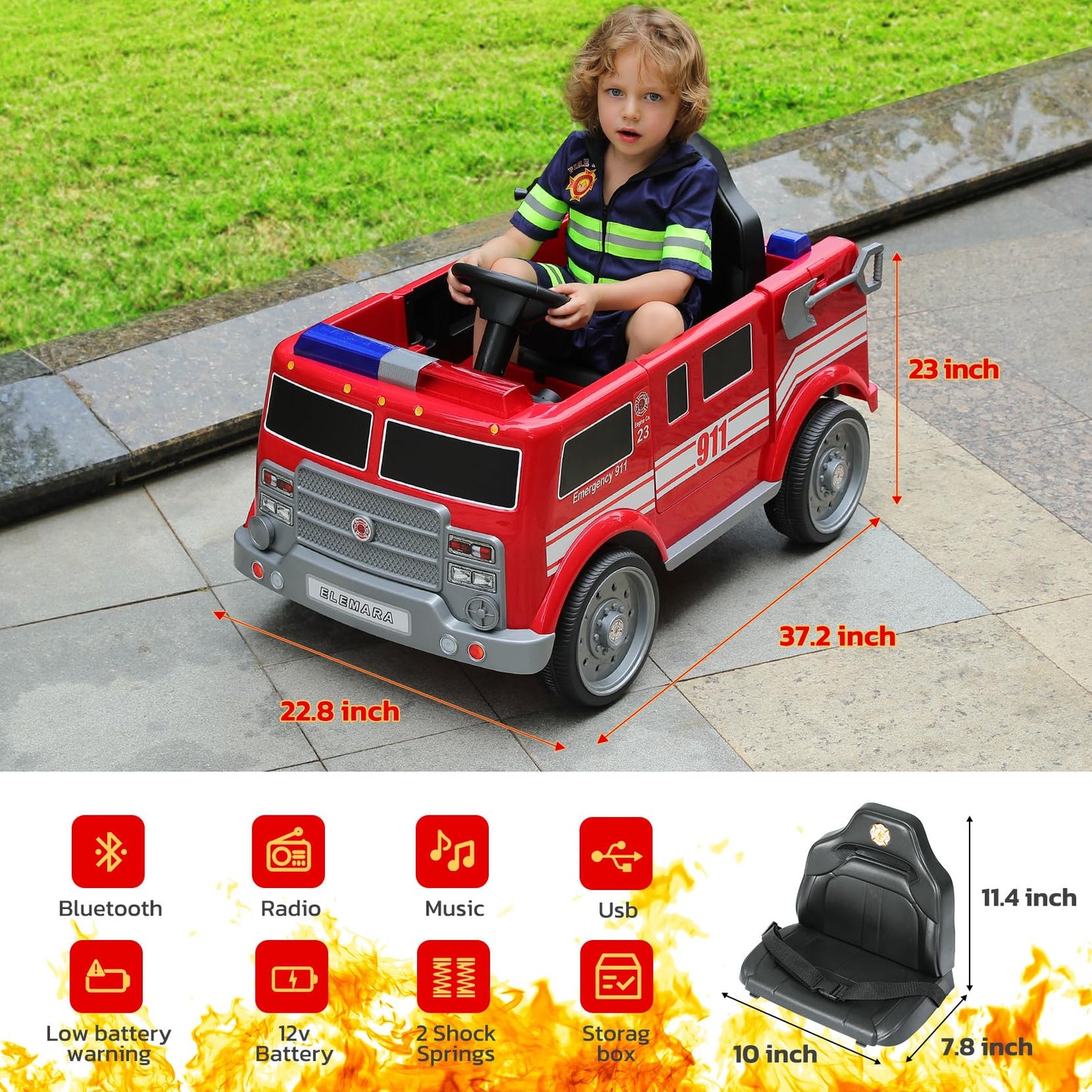ELEMARA 12V Ride on Fire Truck, Battery Powered Toddler Electric Vehicle w/Parent Remote Control,Ride on Car for Kids,Siren-Call,walkie-talkies, Flashing Lights,Fire Extinguishers, Bluetooth,Music,UBS