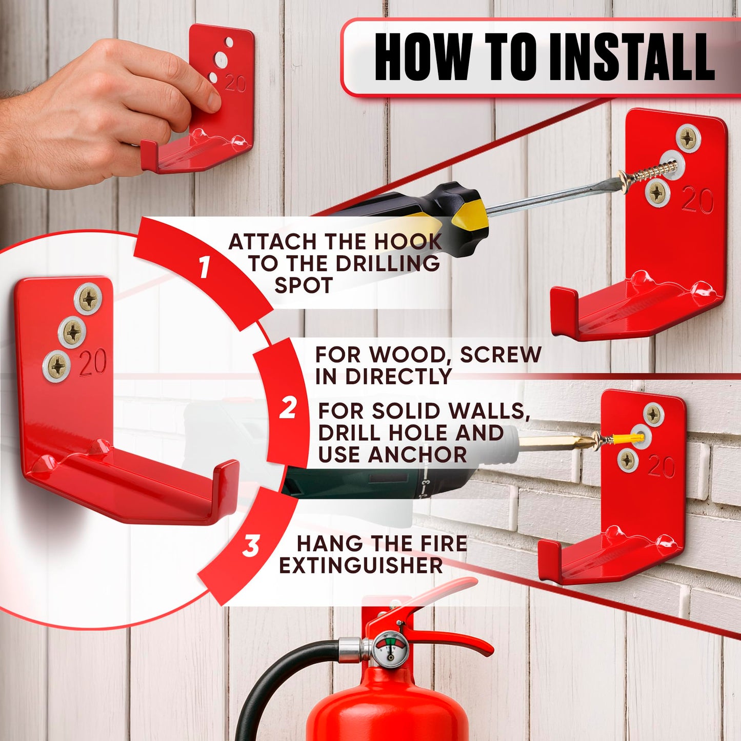 8 Pack Fire Extinguisher Hook - 2.36″ × 1.57″ × 2.36″ Fire Extinguisher Wall Mount Bracket, Hold Up to 20 lbs Each, Easy to Install, Includes Screw, Gaskets & Anchors, Good for Garage, Workshop, Home