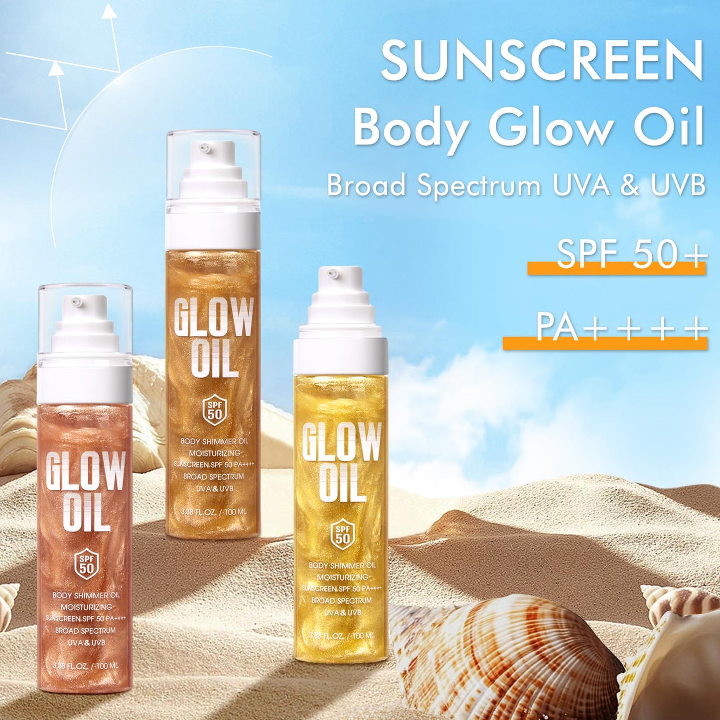 Body Glow Oil, Broad Spectrum SPF 50, Glitter Shimmer Sunscreen Body Oil Lotion with Sequin Mica, Lightweight Non-Sticky Moistur