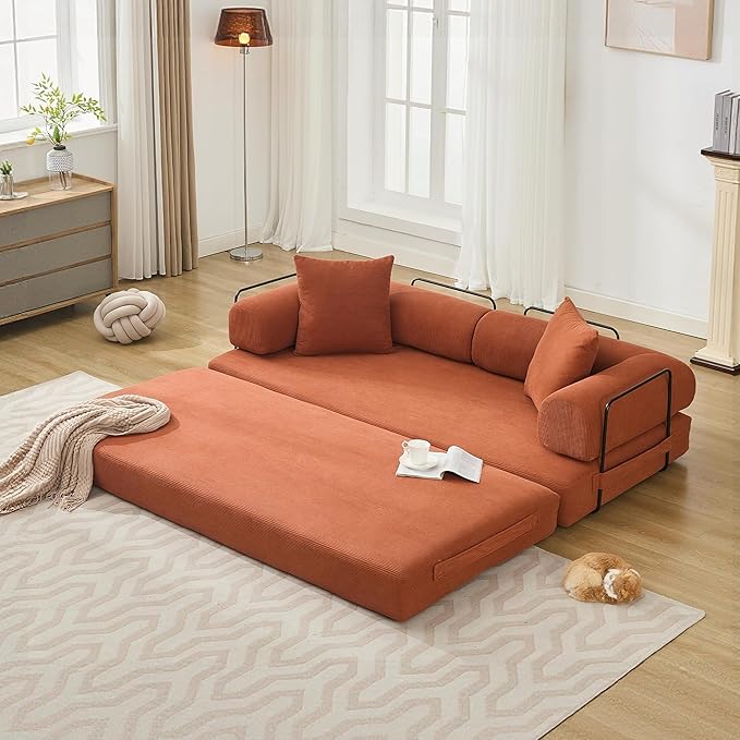ZEIINPA Convertible Sleeper Sofa Bed with Cylindrical Pillow, Corduroy Folding Mattress Couch with Fixed-Shape Frame, Floor Sofa Lounge Couch for Living Room Bedroom Lounge Studio, Orange