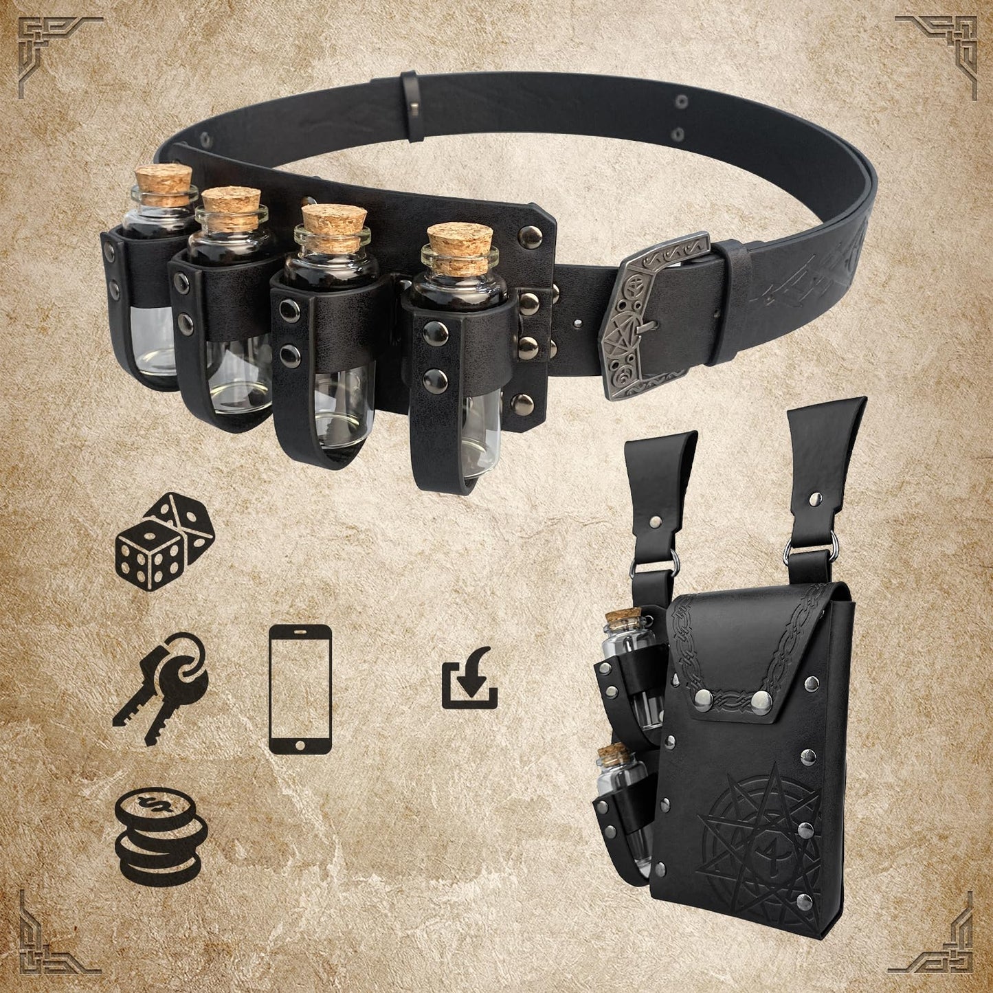 EpicCos 3 PCs Medieval Alchemy Belt Waist Pack Combo with Multiple Potion Bottles, Viking Rivet Belt Side Pouch for Cosplay (Black D)