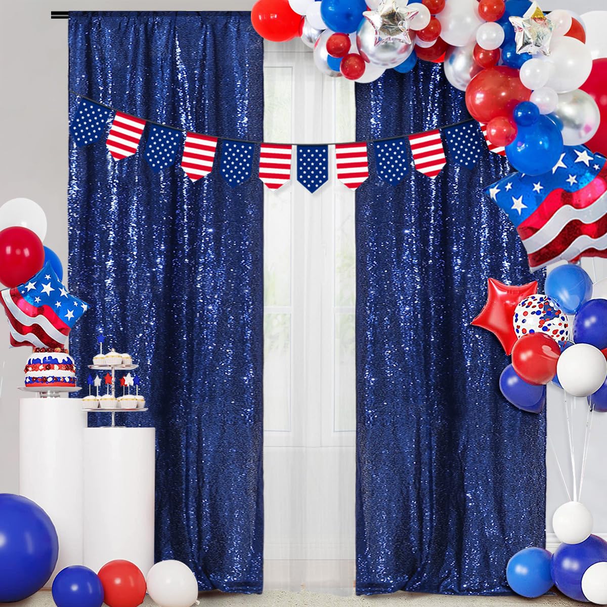 PartyDelight Navy Blue Sparkly Sequin Backdrop Curtains 2FT X 8FT 2 Panels for Wedding Party Room Decorations