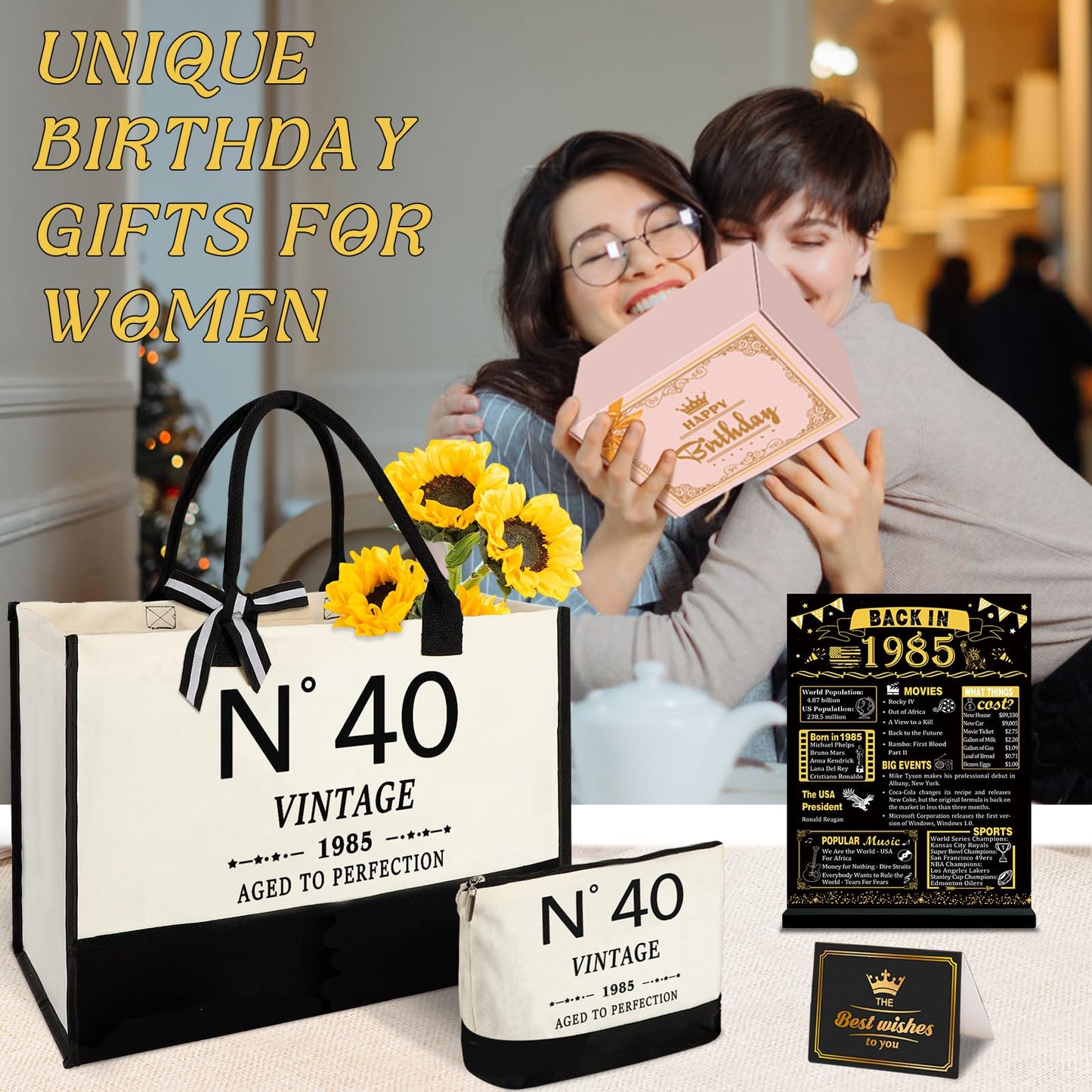 40th Birthday Gifts for Women Canvas Tote Bag Travel Gear, Unique 40 Years Old Birthday Gifts for Her Mom Wife Aunt Friends, Vintage N40 Handbag & Cosmetic Bag & Back in 1985 Poster