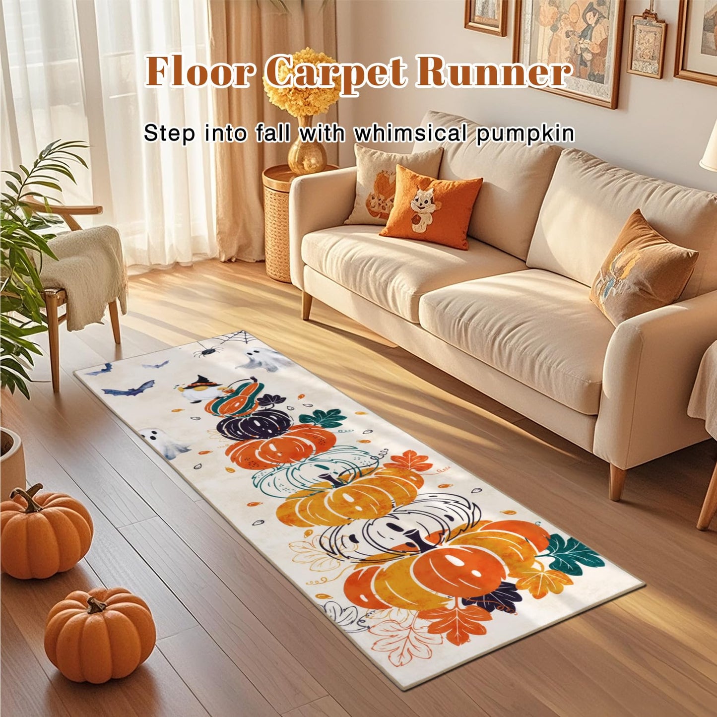 Geanlod Pumpkin Fall Runner Rugs for Hallway 2x6Ft Non Slip, Autumn Halloween Washable Kitchen Rug Runners, Beige Low Pile Bedroom Floor Carpets for Entryway Laundry Bathroom Living Room Holiday Decor