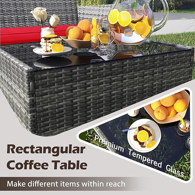 RELAX4LIFE 4-Piece Patio Furniture Set - Rattan Outdoor Conversation Bistro Set w/Cushions, Glass Coffee Table, Wicker Chairs & Loveseat for Garden Backyard Porch, Balcony Furniture (1, Mix Grey-Red)