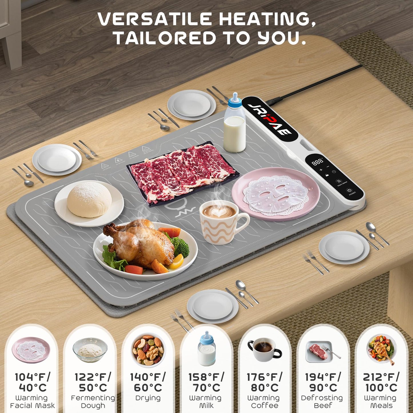 Jripae Warming Mat for Food, Fast Heating Silicone Electric Warming Tray with Heat Resistant Pad Protects Table,7 Level Temp, 8H Timer, Portable & Rollable Food Warmers for Parties Buffet, Daily Use