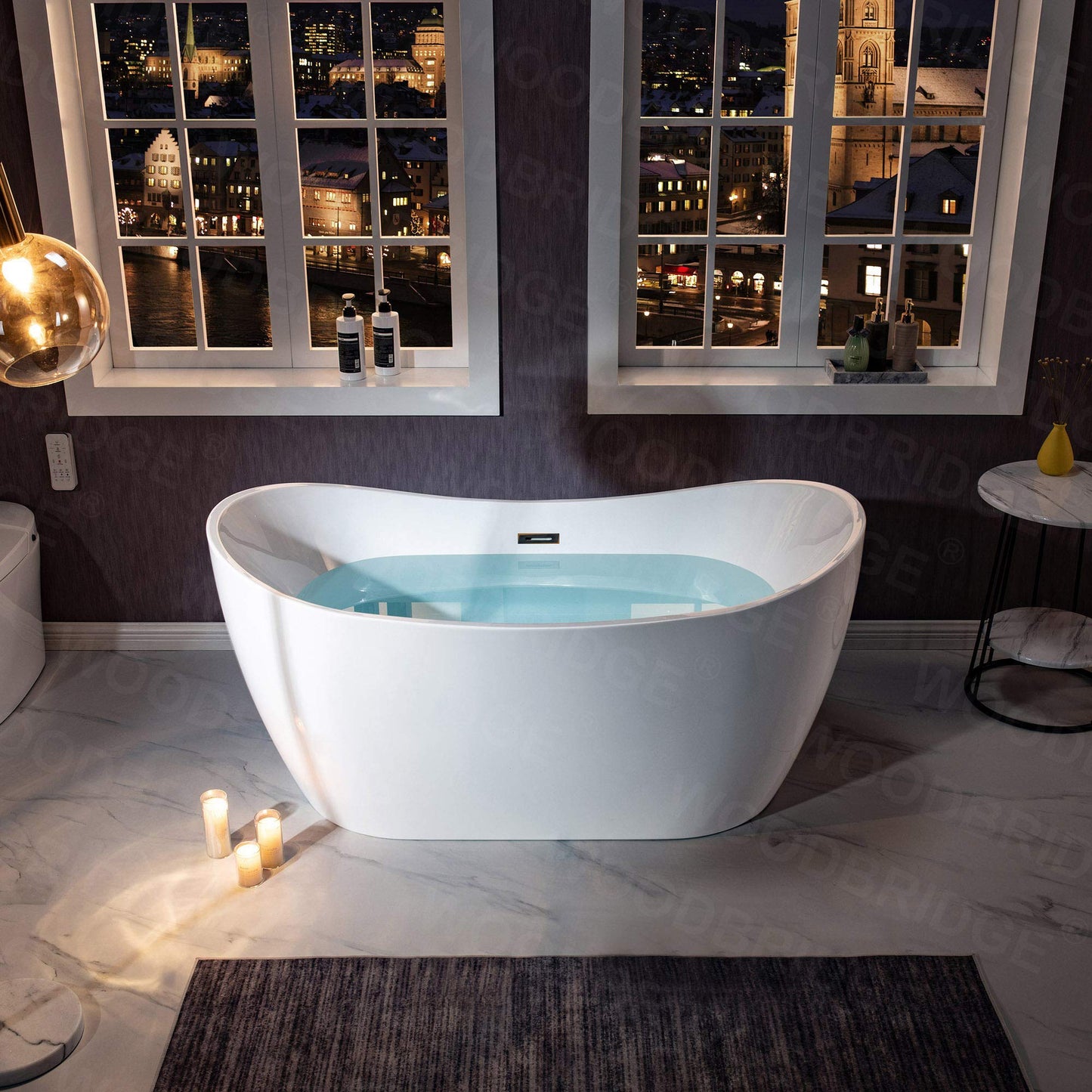WOODBRIDGE 59" Acrylic Freestanding Bathtub Contemporary Soaking White Tub with Oil Rubbed Bronze Overflow and Drain，B0016 -ORB-Drain &O