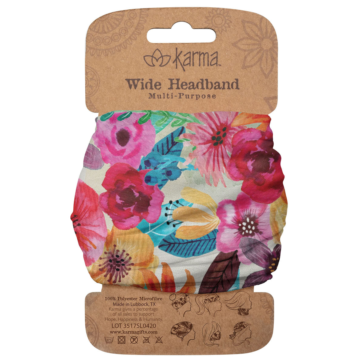 Karma Headband for Women - Wide - Fabric Headband and Stretchy Hair Scarf - Watercolor Floral