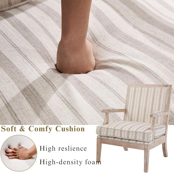 DM Furniture Mid Century Modern Accent Chair Upholstered Living Room Chairs with Armrest Linen Comfy Lounge Armchair Retro Solid Wood Reading Chair for Bedroom, Guest Room, Balcony, Khaki Stripe