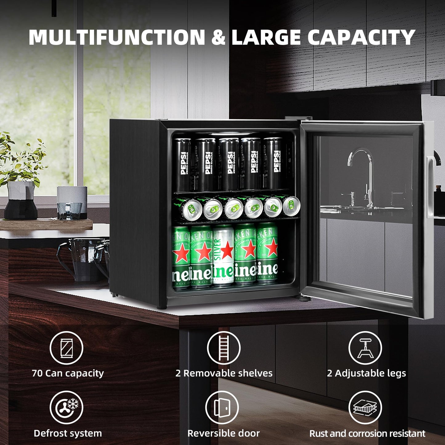 Tecnolove Beverage Refrigerator, 1.6 Cu.Ft Mini Fridge, Stainless Steel, LED Digital Temp Control, Double Glass Door, Adjustable & Removable Shelves, Compact Design for Home & Office