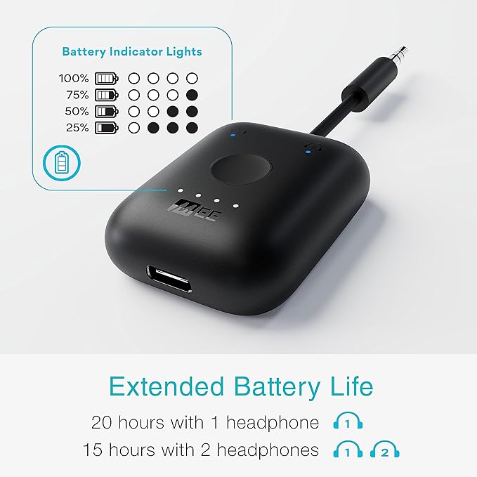 MEE Audio Connect Air in-Flight Bluetooth Wireless Audio Transmitter, with Extra Dual 3.5mm Jack AUX Adapter, for up to 2 AirPods/Other Headphones; Works with All 3.5mm Aux Jacks, Black