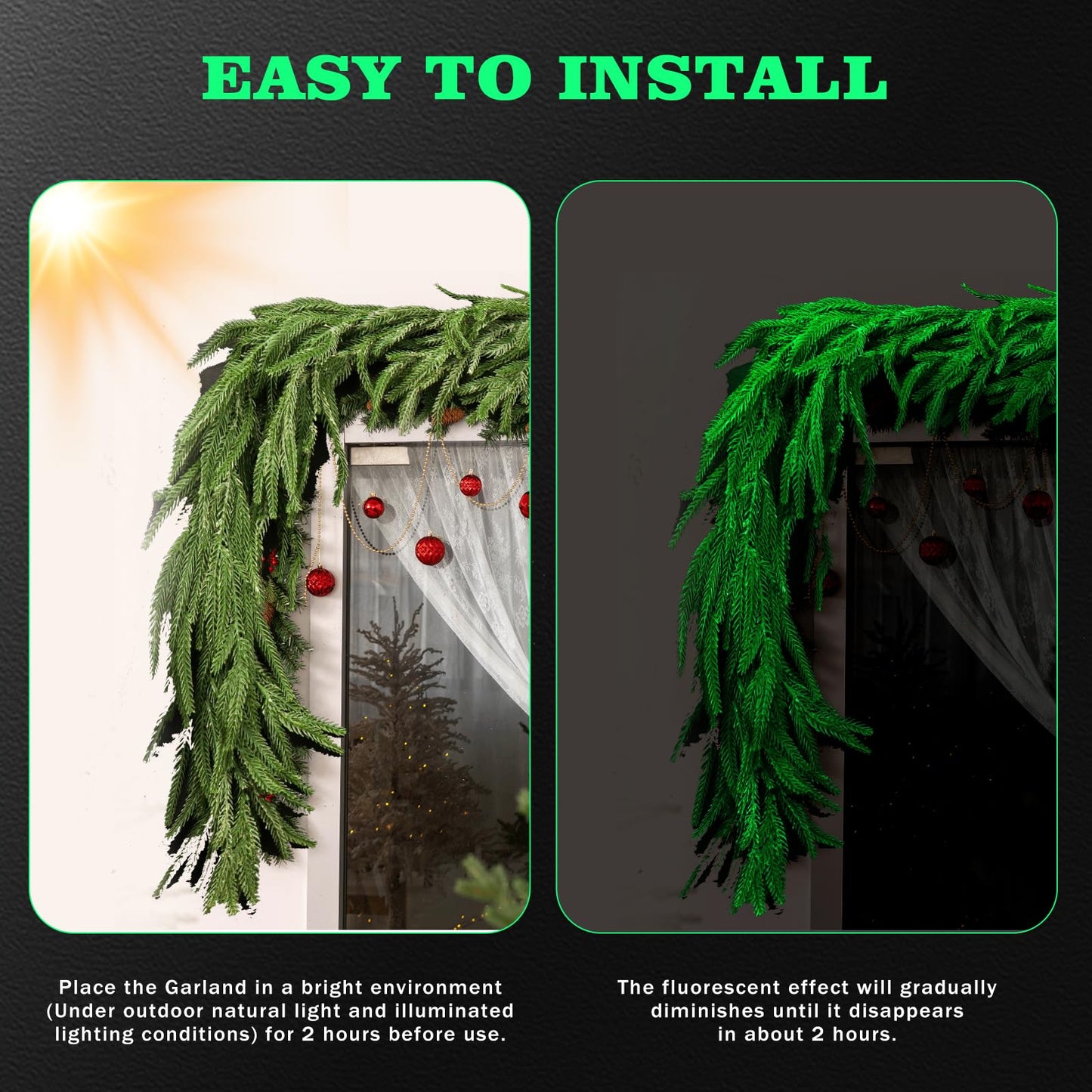 Christmas Garland Glow in The Dark,Artificial Luminous Green Norfolk Pine Garlands,Real Touch Winter Greenery Garland for Christmas Tree Decor Outdoor Garden Table Fireplace Wall Home Decoration