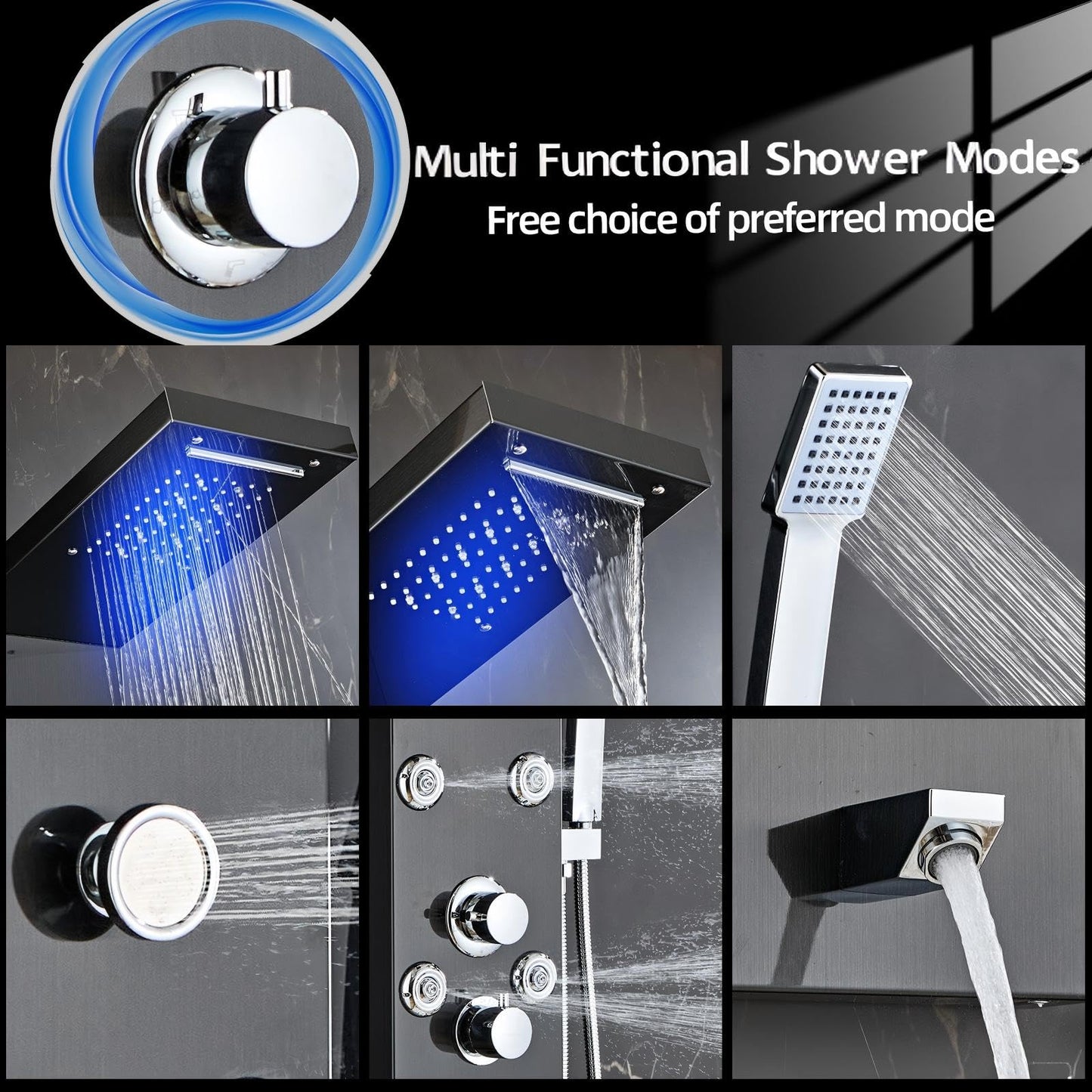 HSYLYPA Shower Panel Tower System Shower Panel Tower with Powerful Body Jets, Rainfall, Waterfall,Handheld and Tub Spout,Stainless Steel LED Shower Column - Brushed Black