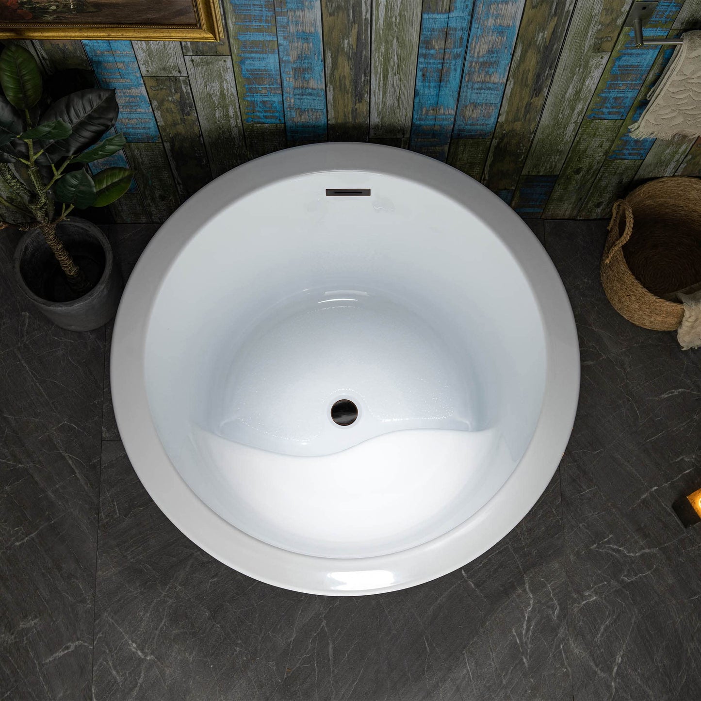 WOODBRIDGE 41" Acrylic Freestanding Round Contemporary Soaking Tub with Pre-molded Seat and Oil-Rubbed Bronze Overflow and Drain Option, White