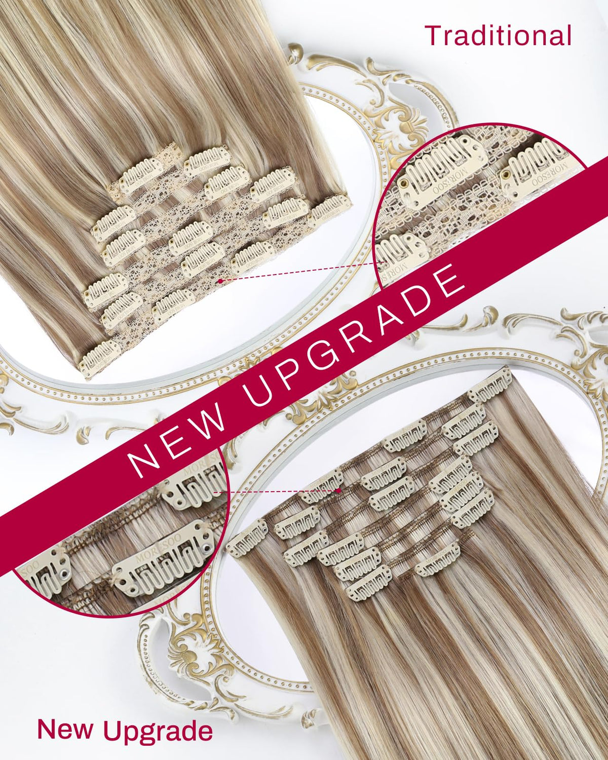 Moresoo Human Hair Clip in Extensions Balayage Double Weft Clip in Hair Extensions Real Human Hair Ombre Brown to Light Brown wi
