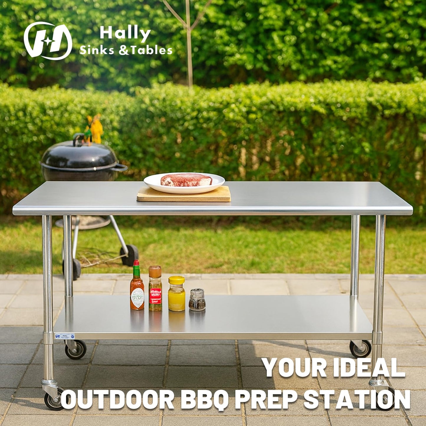 Hally Stainless Steel Table for Prep & Work 30 x 60 Inches with Caster Wheels, NSF Commercial Heavy Duty Table with Undershelf and Galvanized Legs for Restaurant, Home and Hotel