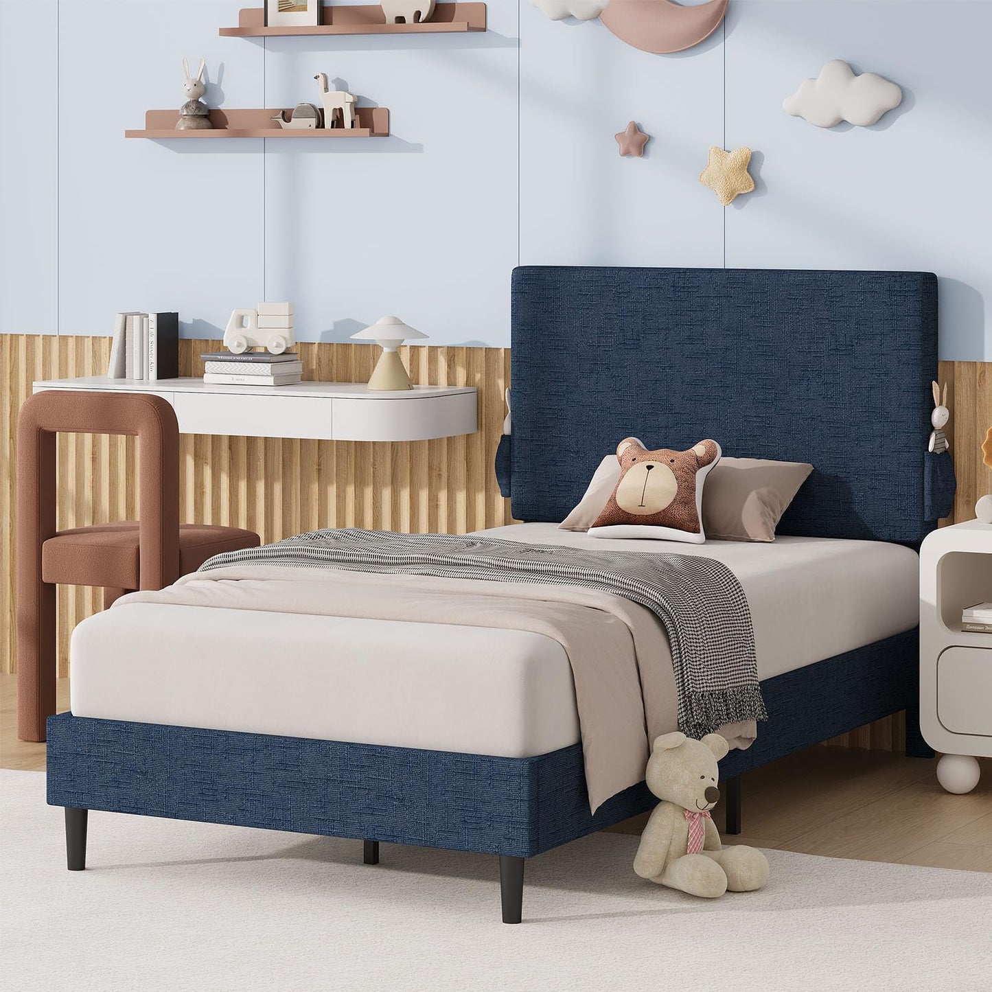 Twin Bed Frame with Headboard, Chenille Fabric Upholstered Platform Bed with Strong Wooden Slats, Kids Twin Bed Frame, No Box Spring Needed, Noise Free, Easy Assembly, Blue