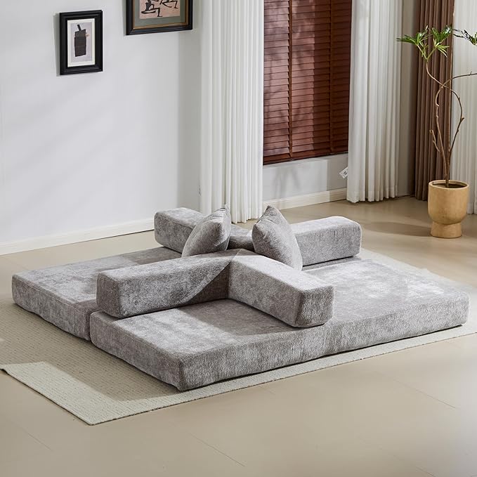 Convertible Couch Sofa Bed Foldable Floor Sleeper | Modern Fold Out Couch | Removable Backrest & Armrests | No Assembly Compression Sofa Sleeper for Living Room, Bedroom | Light Gray Chenille