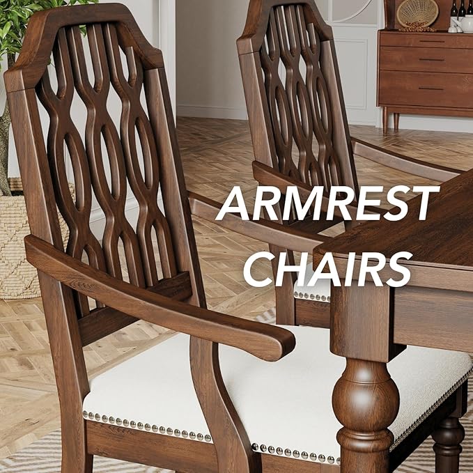 chairus Farmhouse Dining Chairs Set of 2, French Country Vintage Wooden Dining Room Chairs with Arm, Lattice Back & Turned Legs, Rustic Chenille Upholstered Nailhead Trim Kitchen Chairs, Walnut Brown