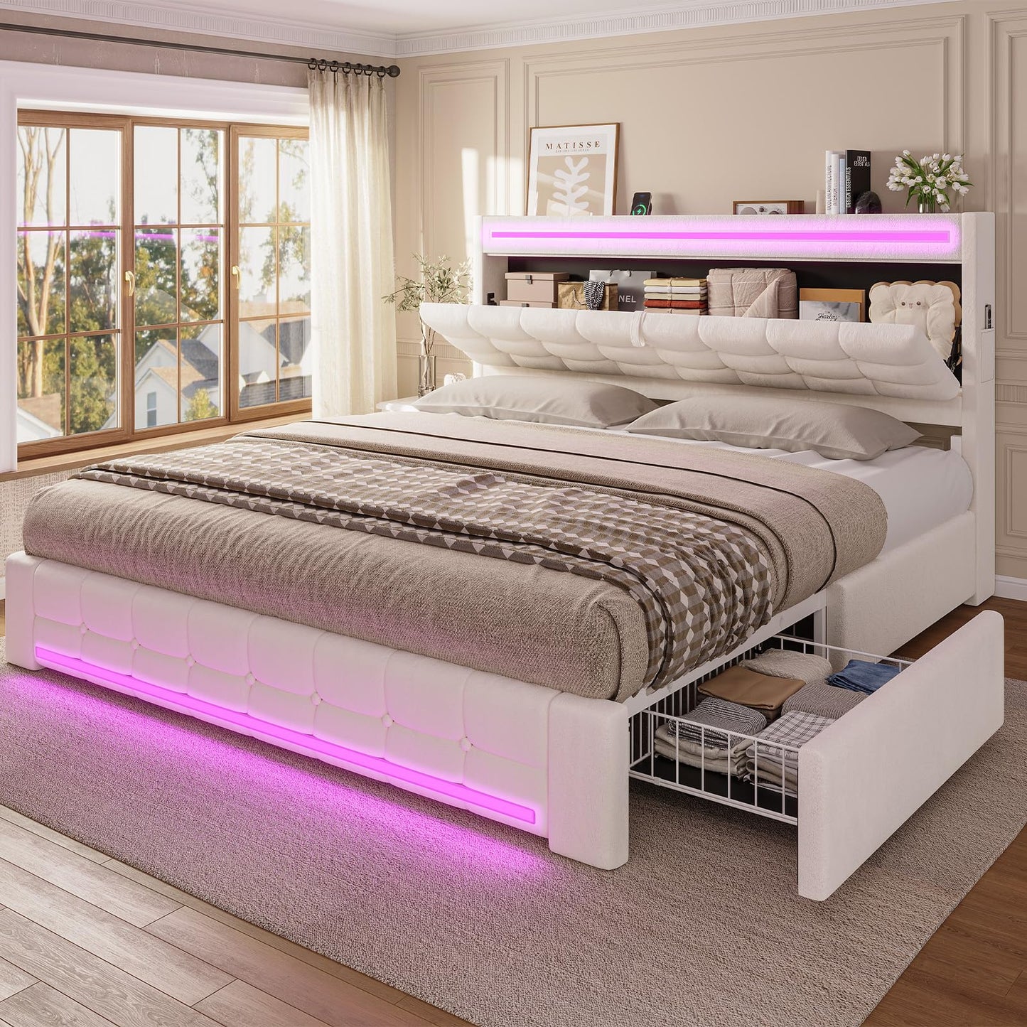 ADORNEVE King Bed Frame with Storage Headboard & 4 Drawers, LED Bed Frame King with Charging Station, Leather Upholstered Platform Bed Frame with Button Tufted, No Box Spring Needed, Creamy White