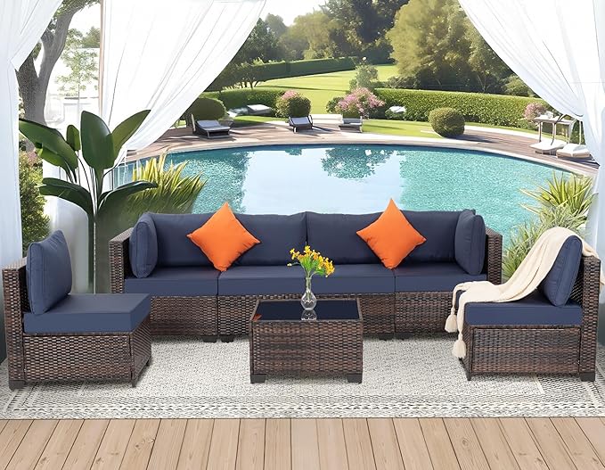 FHFO 7 Pieces Outdoor Patio Furniture Set, Wicker Sectional Sofa Set Rattan Modular Patio Conversation Sets with Cushions Couch Set & Coffee Table for Outside, Garden, Balcony, Porch, Brown-Blue