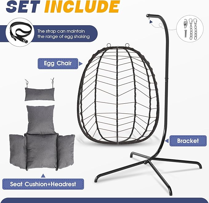 LEX CRAFT Egg Chair with Stand, Patio Wicker Hanging Chair, Hammock Swing Chair, 350LBS Capacity for Bedroom, Balcony, Garden(BR-GR)