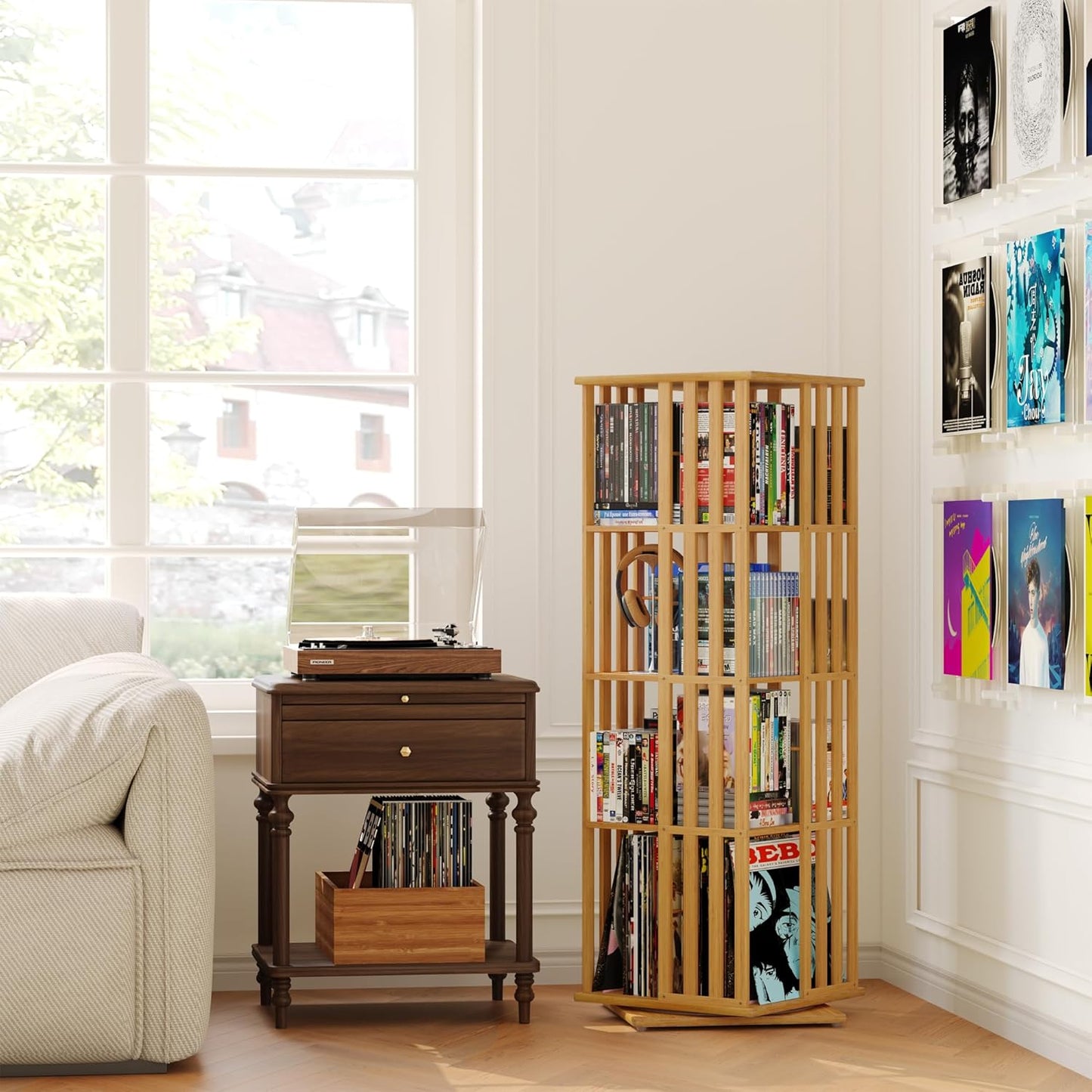 XIMN 360° Rotating Bamboo CD/DVD Shelf - 6-Tier Space-Saving Media Storage Cabinet for Movies, Organizer with Super Compact Design (Nature, 4 Tier)