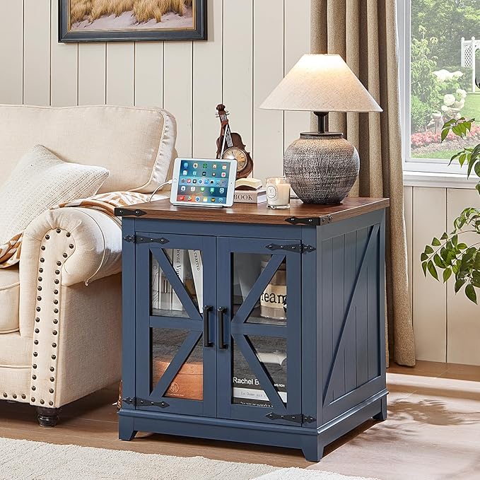 Joaxswe Farmhouse End Table with Charging Station Set 2, 24" Large Sofa Side Table with Glass Barn Door, Blue Nightstand with Adjustable Storage Shelf,Wood Square Bedside Table for Living Room,Bedroom