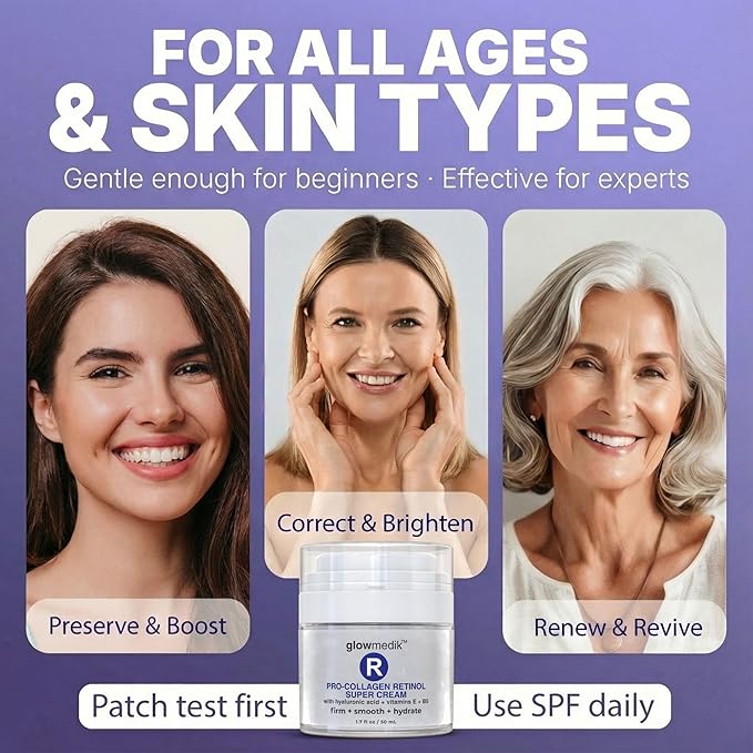 Glowmedik Pro-Collagen Retinol Super Cream w/Hyaluronic Acid, Vitamin E & Aloe | Anti Aging Facial Moisturizer for Fine Lines, Uneven Tone & Dry Skin | Retinol Face Cream women and men 50ml 1 fl oz
