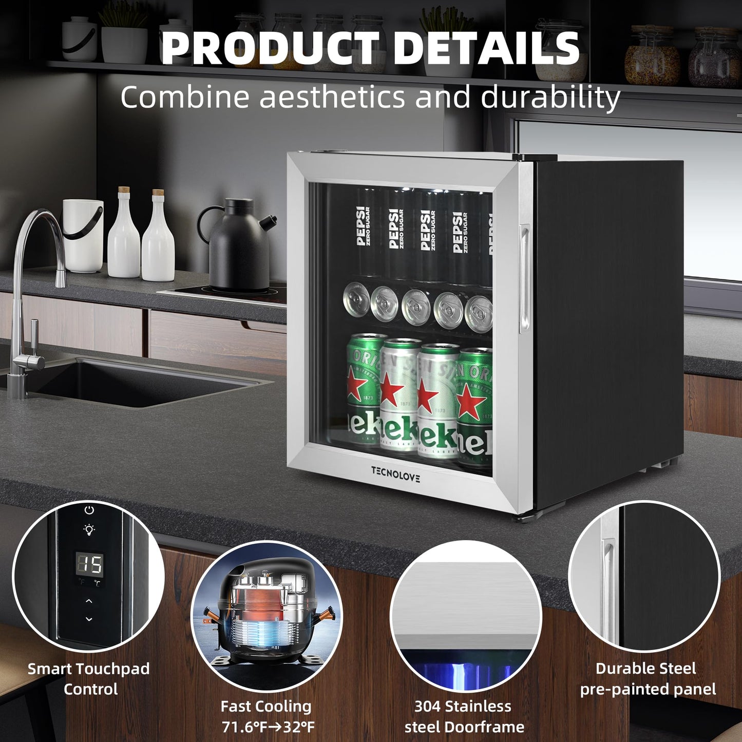 Tecnolove Beverage Refrigerator, 1.6 Cu.Ft Mini Fridge, Stainless Steel, LED Digital Temp Control, Double Glass Door, Adjustable & Removable Shelves, Compact Design for Home & Office