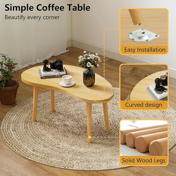 Funecy Coffee Table Low Table with Solid Wood Sturdy Legs, Floor Table Desk for Sitting on The Floor, Storage and Living Room Furniture (Natural-Mango)