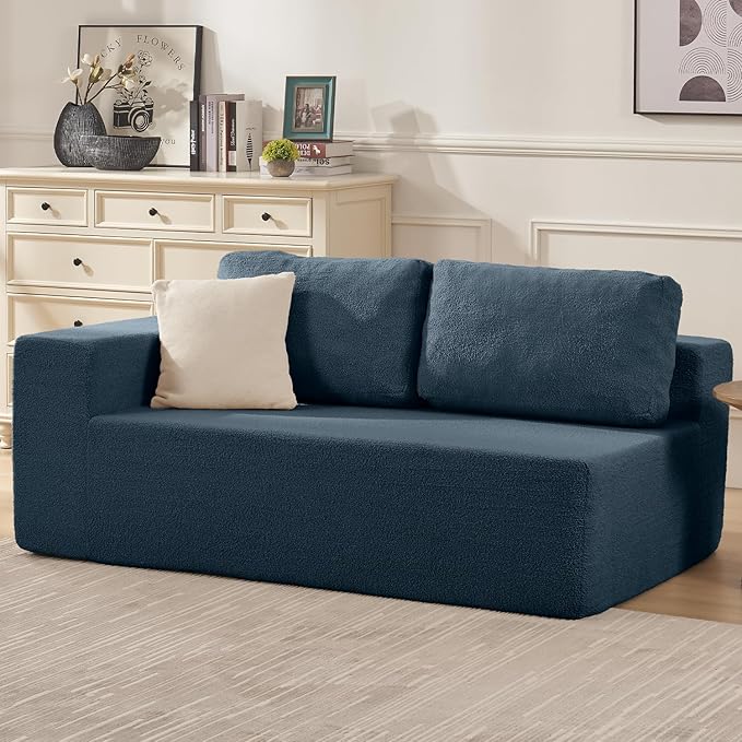 Furnify Loveseat Sofa, Cloud Modular Sofa Couch, Upholstered Floor Sofa with Deep Seat, Upholstered Foam Couch for Bedroom Living Room, No Assembly Required (Teddy Boucle, Blue)