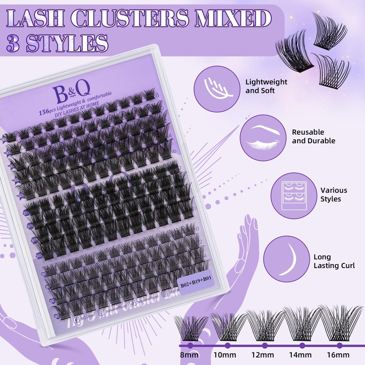 Lash Clusters Kit B01+B02+B19 Eyelash Extension Kit B&Qaugen DIY Lash Extension Kit 156 PCS Lash Clusters 8-18mm Cluster with La