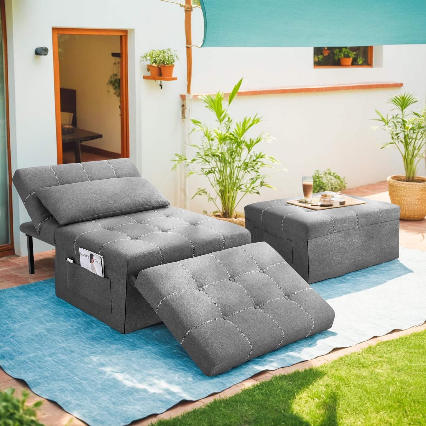 SEJOV 34'' Width Convertible Sleeper Chair, 4 in 1 Multi-Function Folding Ottoman Bed w/Adjustable Backrest & Pillow, Modern Large Single Recliner Assembly-Free Sofa Bed for Small Spaces, Dark Gray
