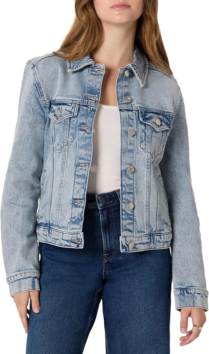 Amazon Essentials Womens Regular-Fit Low Stretch Denim Button-Front Trucker Jacket