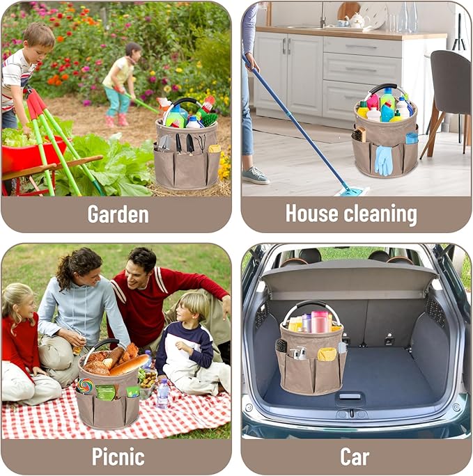 Qivine Cleaning Caddy for Cleaning Supplies, 17L Cleaning Supply Caddy with Handle Foldable Cleaning Supplies Organizer Bucket Tool Bag Organizer Cleaning Products Organizers for Home, Garden (Khaki)