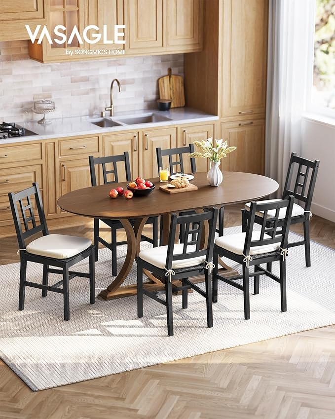 VASAGLE Wooden Dining Chairs, Set of 6, Kitchen and Dining Room Chairs, Removable Cushion, Curved Back, Each Supports 264 lb, Ebony Black UKDC150B16