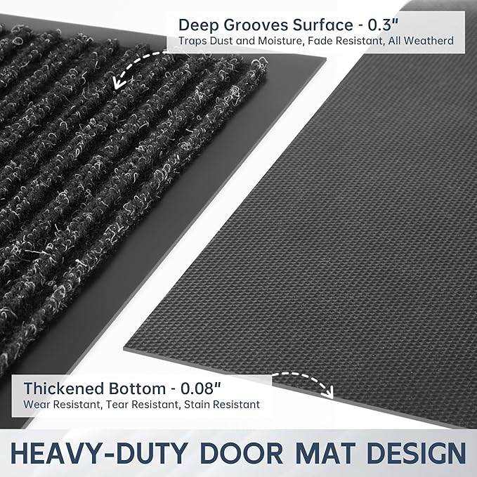 Front Door Mat, 48" x 24" Heavy Duty Indoor Outdoor Doormat, Non-Slip Welcome Mats for Entryway, Rubber Backing Low Profile Commercial Door Mats, Black Stripe